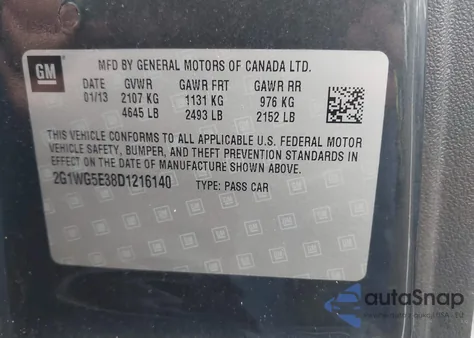 2013 Chevrolet Impala Lt из США, поврежденный, VIN 2G1WG5E38D1216140